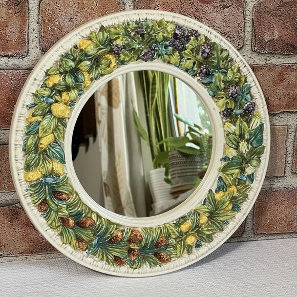 Vintage Ceramic Mirror Wreath Round Fruit Leaf Made in Italy Multi Wall Mounted - Picture 14 of 17